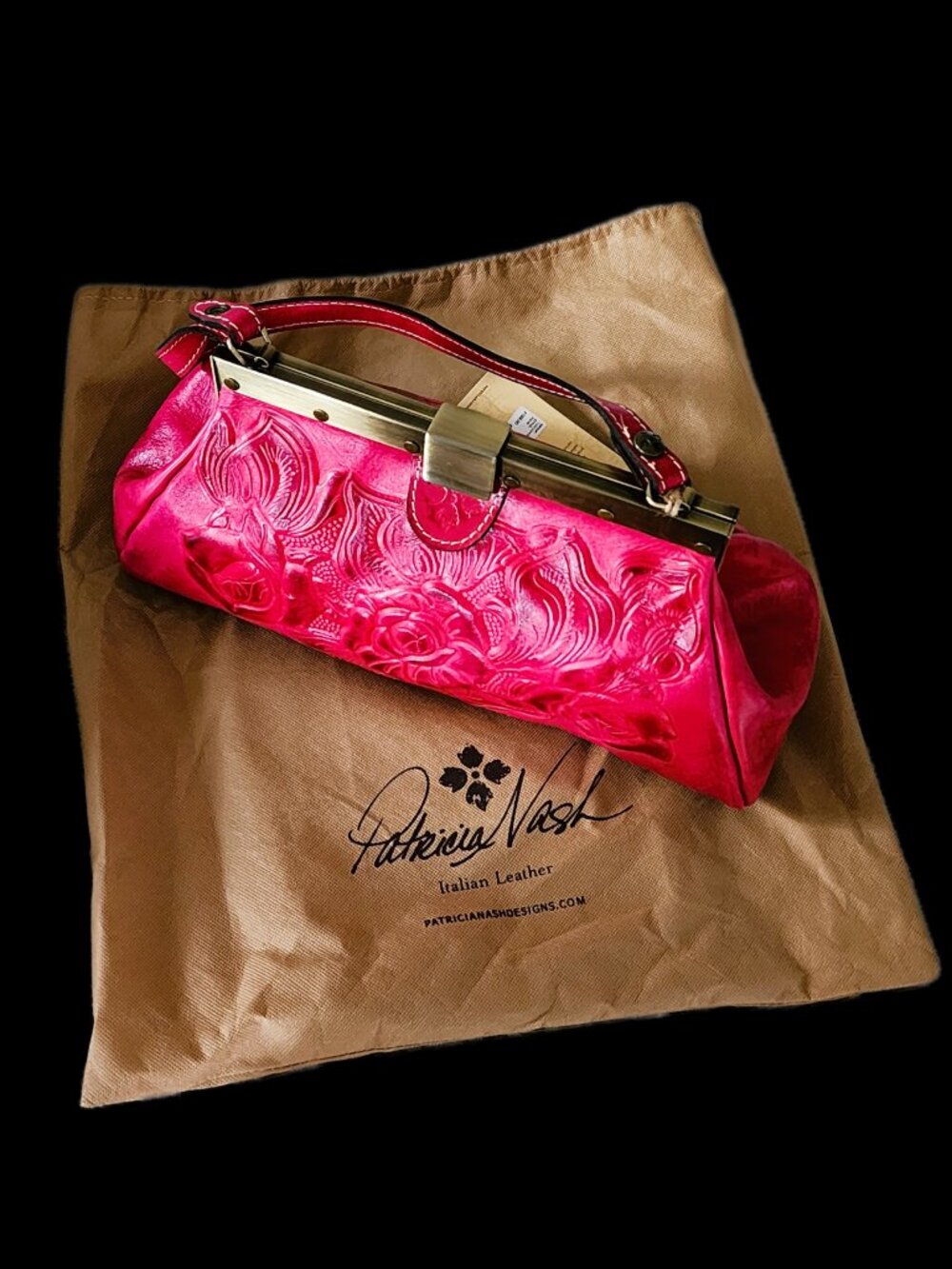 NWT Patricia Nash Pink Ferrara Frame Satchel Tooled Italian Leather Bag